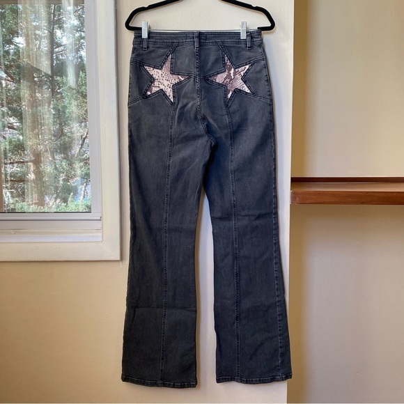 New Free People Firecracker Flare Jeans Patch in Black Python Star - Picture 7 of 16